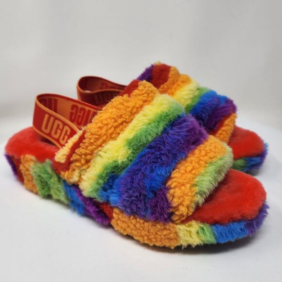 UGG Australia Fluff Yeah Slide Women 8 Pride Cali Collage Rainbow Sling 1120002 - Picture 1 of 13